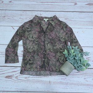 J Jill Love Linen Womens Petite Small Purple Green Floral Long Sleeve Button Up